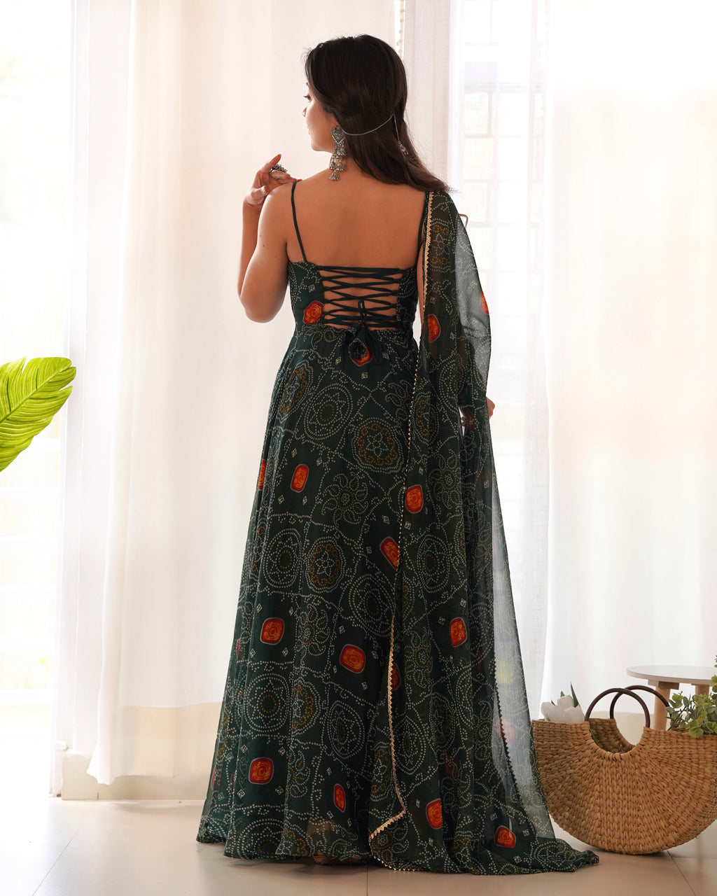 Lightweight Chiffon Bandhej 8M Flair Gown with Backless Dori Detail & Lace Dupatta