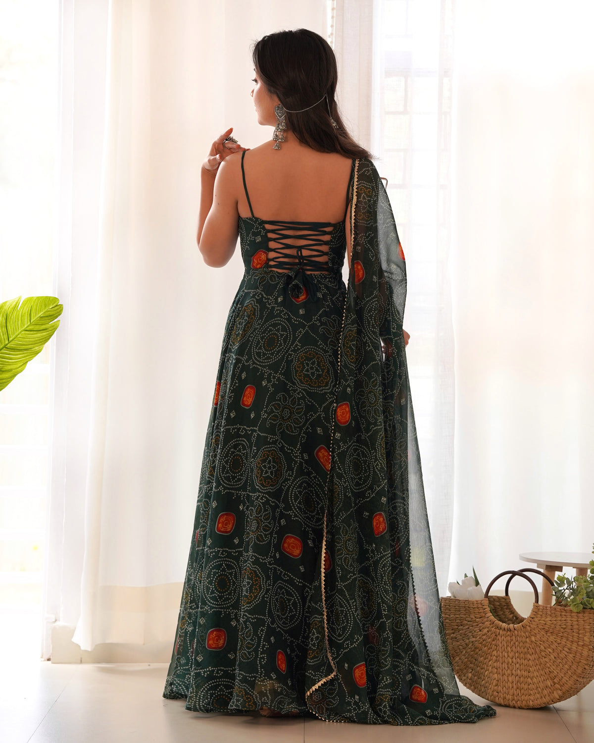 Lightweight Chiffon Bandhej 8M Flair Gown with Backless Dori Detail & Lace Dupatta