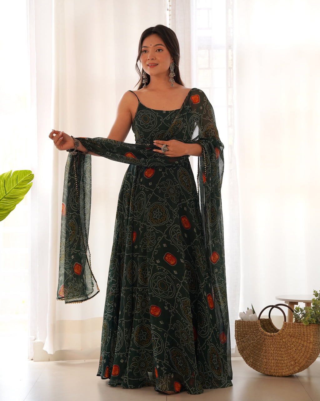 Lightweight Chiffon Bandhej 8M Flair Gown with Backless Dori Detail & Lace Dupatta