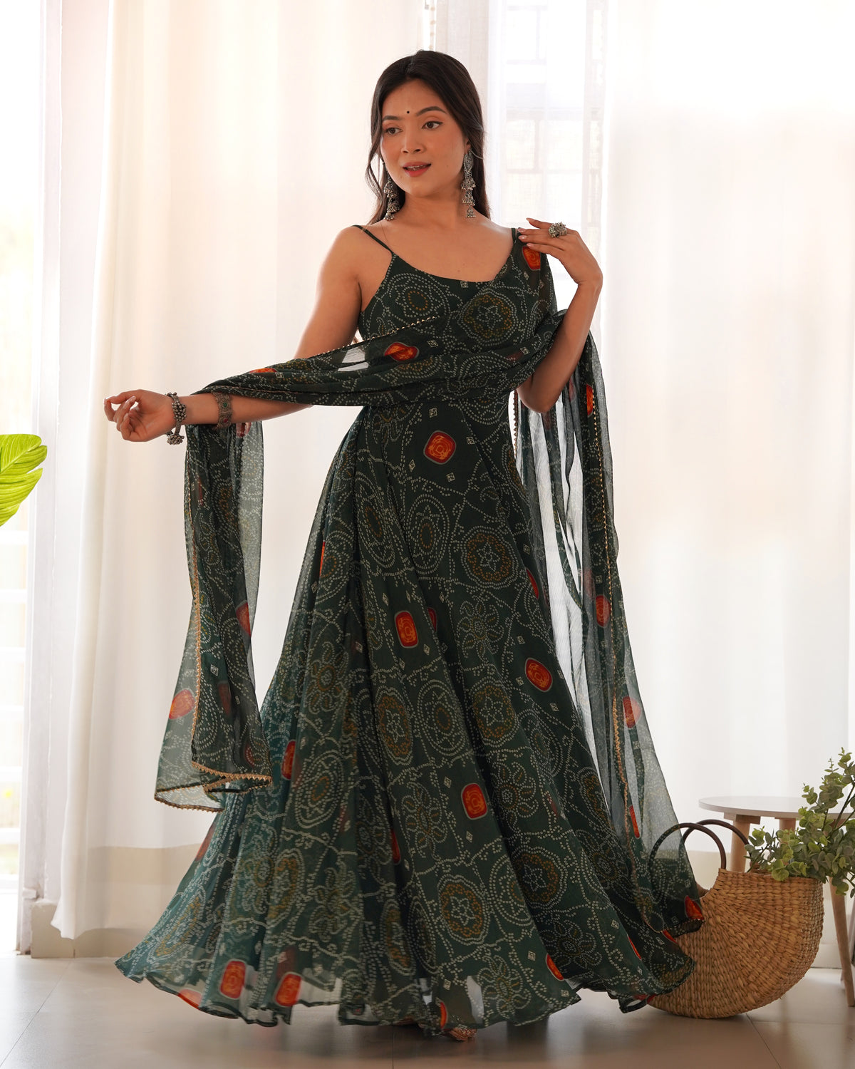 Lightweight Chiffon Bandhej 8M Flair Gown with Backless Dori Detail & Lace Dupatta