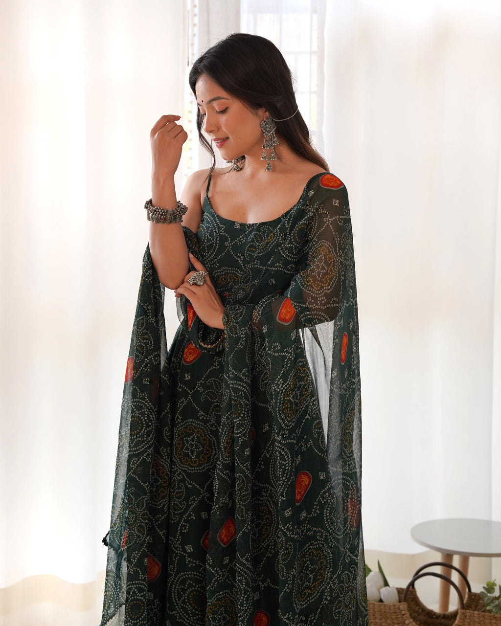 Lightweight Chiffon Bandhej 8M Flair Gown with Backless Dori Detail & Lace Dupatta