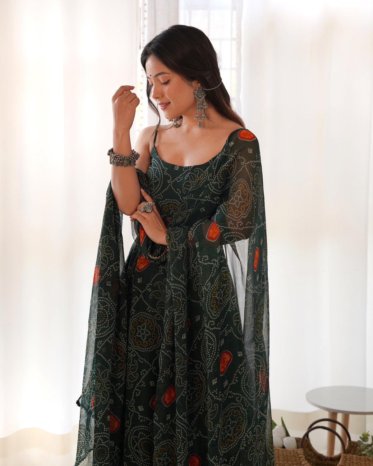 Lightweight Chiffon Bandhej 8M Flair Gown with Backless Dori Detail & Lace Dupatta