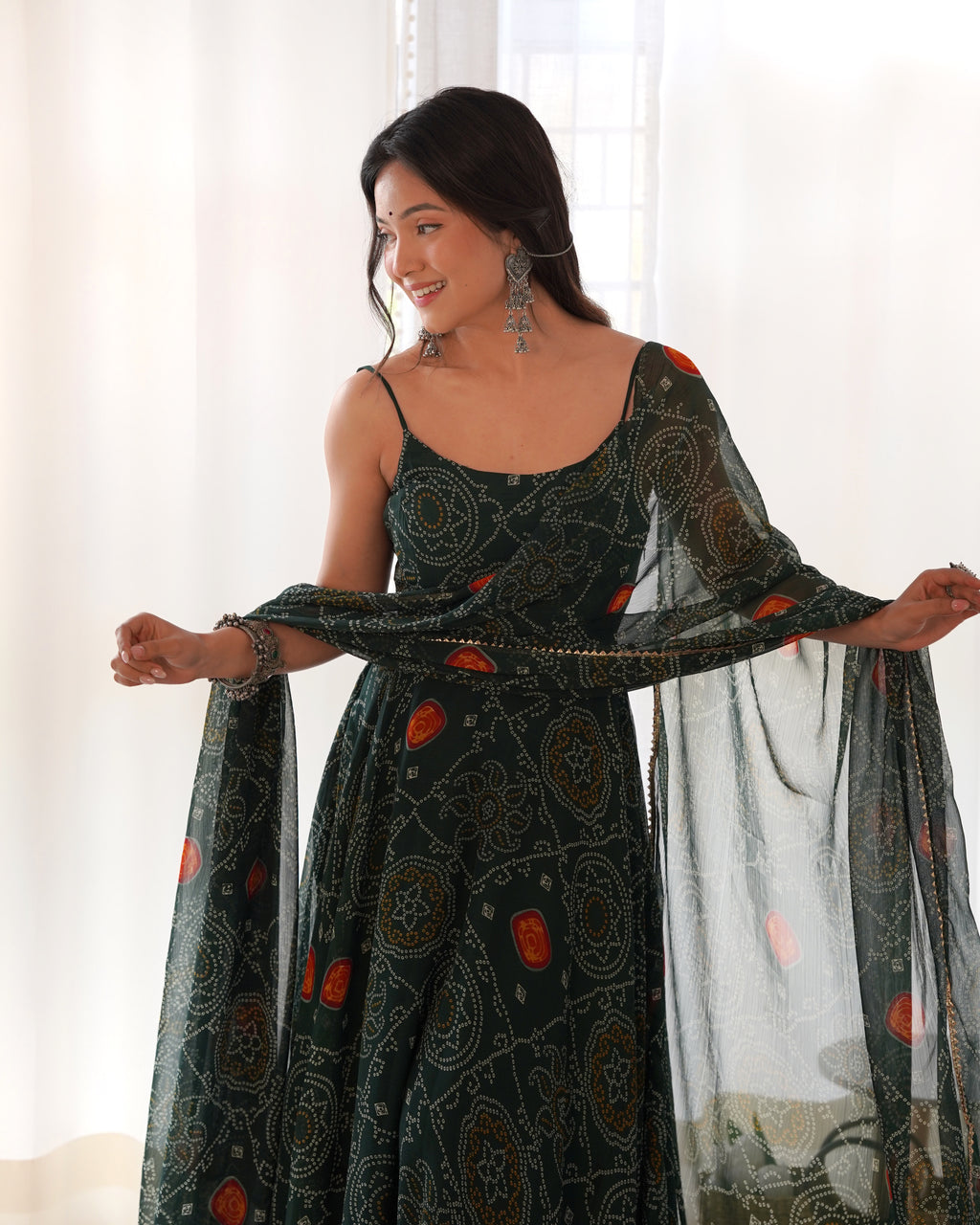 Lightweight Chiffon Bandhej 8M Flair Gown with Backless Dori Detail & Lace Dupatta