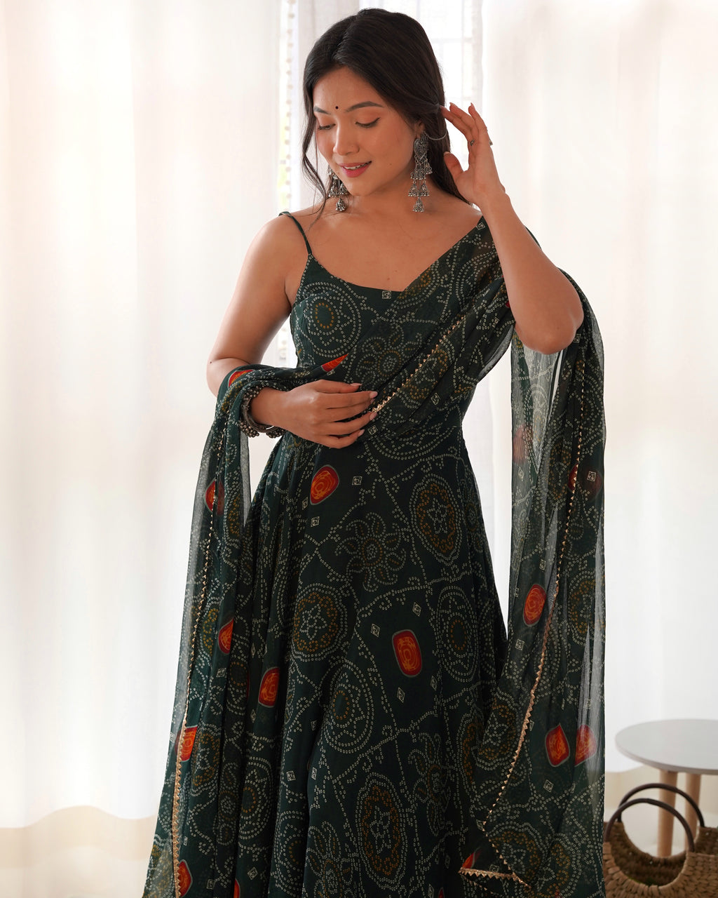 Lightweight Chiffon Bandhej 8M Flair Gown with Backless Dori Detail & Lace Dupatta