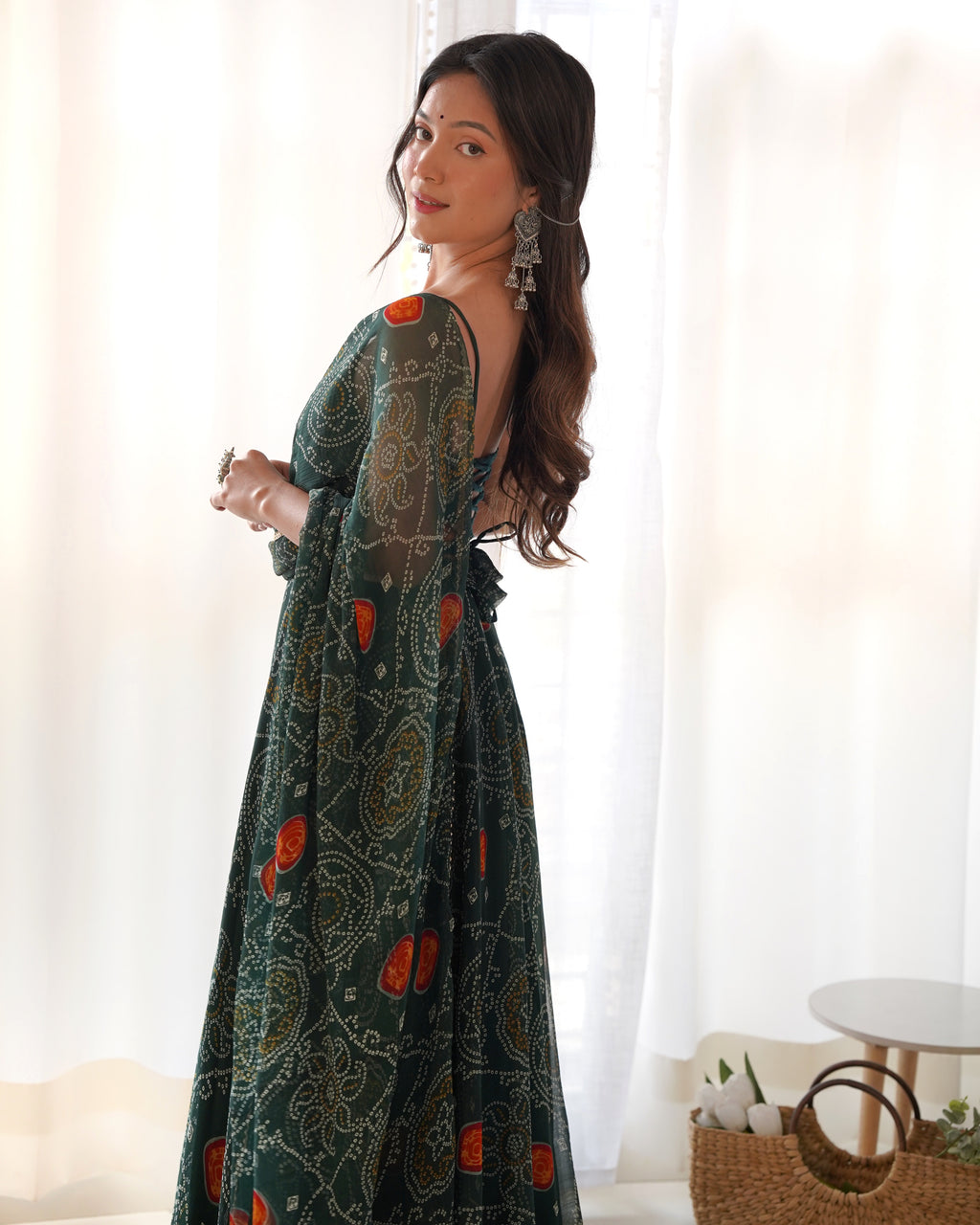 Lightweight Chiffon Bandhej 8M Flair Gown with Backless Dori Detail & Lace Dupatta