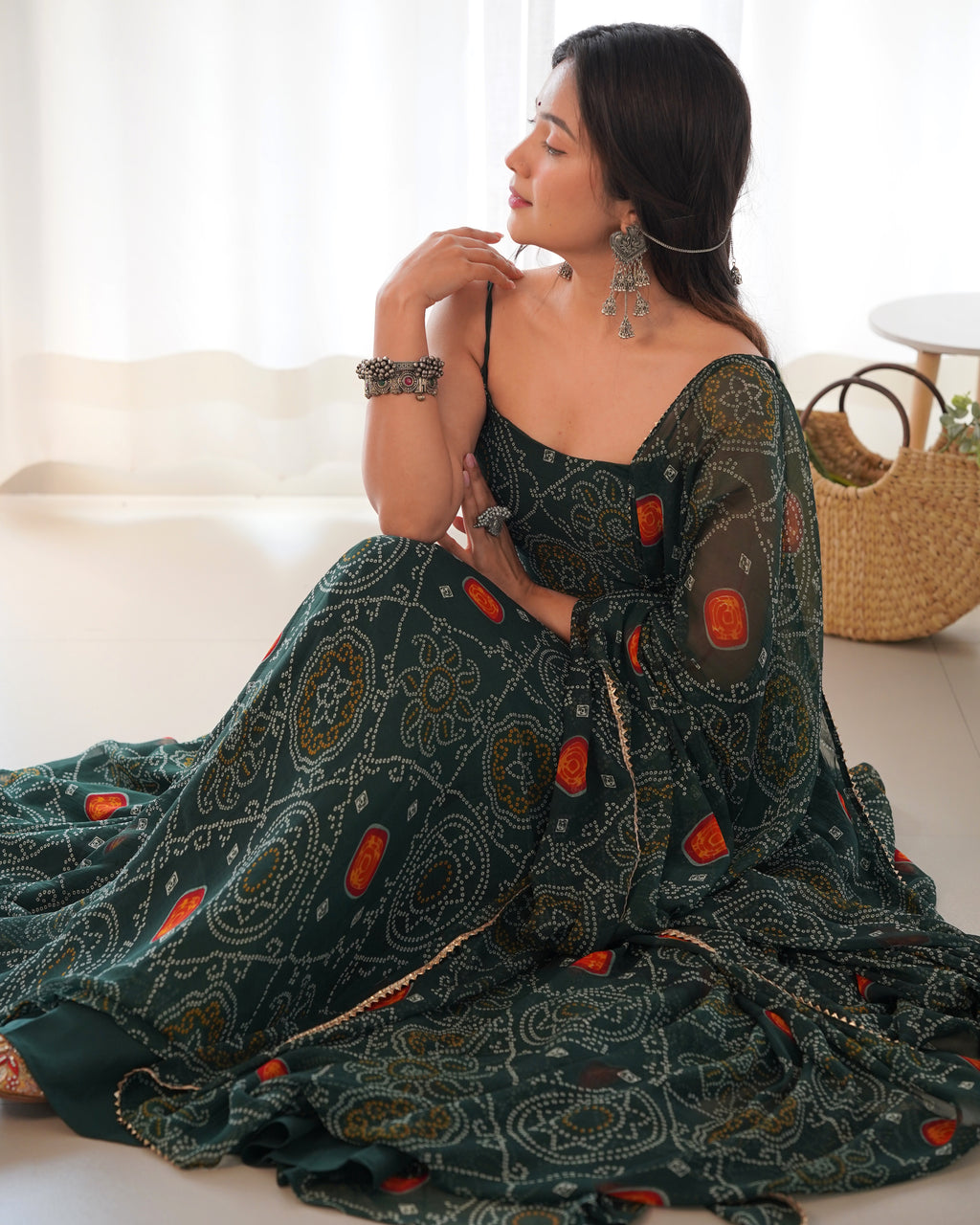 Lightweight Chiffon Bandhej 8M Flair Gown with Backless Dori Detail & Lace Dupatta