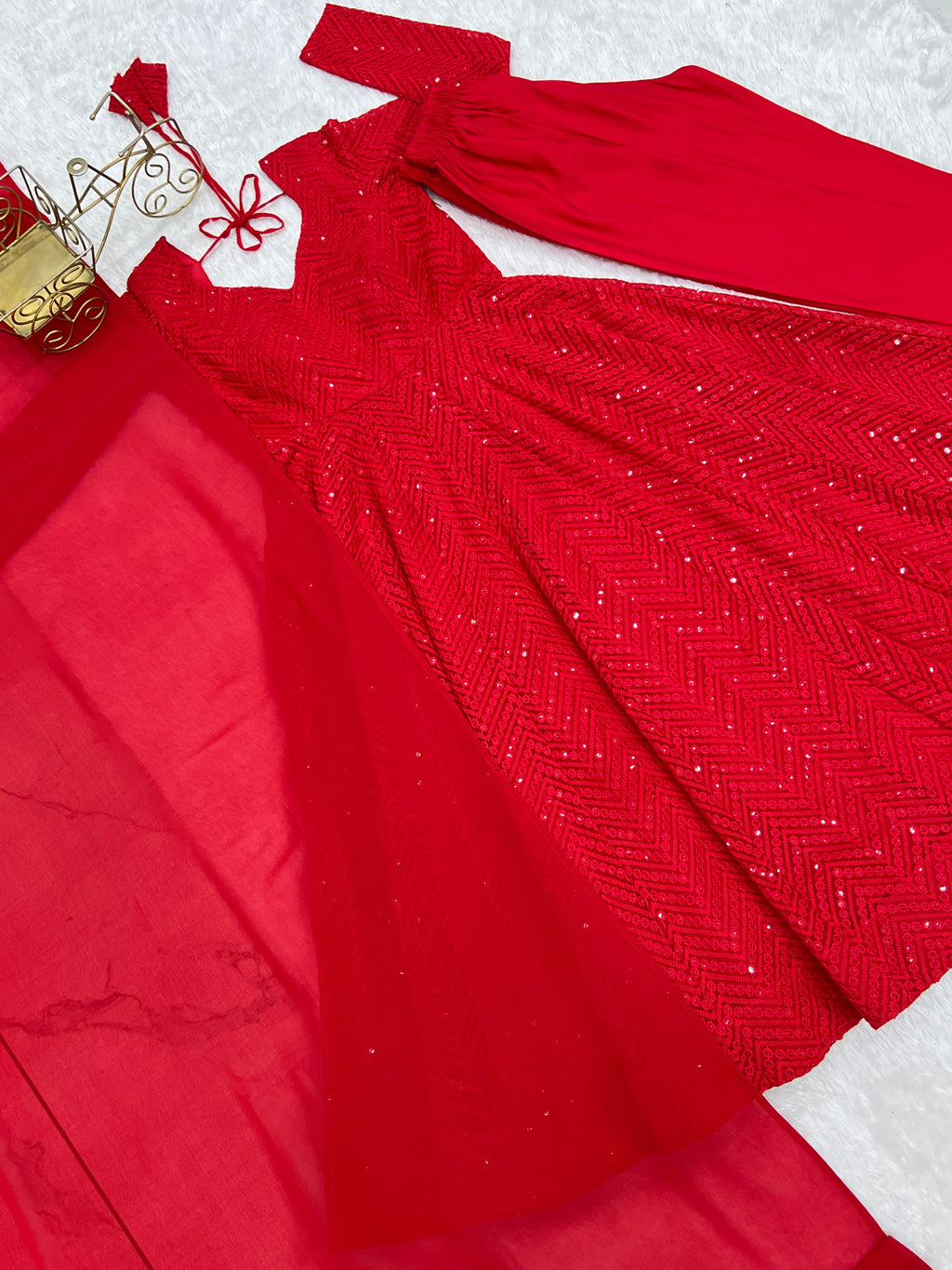 Lucknowi Faux Georgette Anarkali Suit with 4M Kali Flair, Sequin Work & Ruffle Dupatta