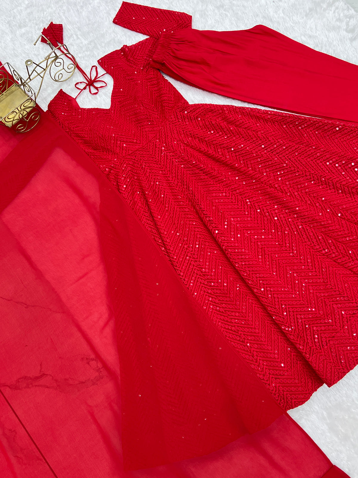 Lucknowi Faux Georgette Anarkali Suit with 4M Kali Flair, Sequin Work & Ruffle Dupatta