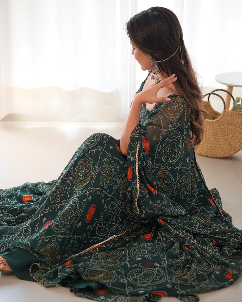 Lightweight Chiffon Bandhej 8M Flair Gown with Backless Dori Detail & Lace Dupatta