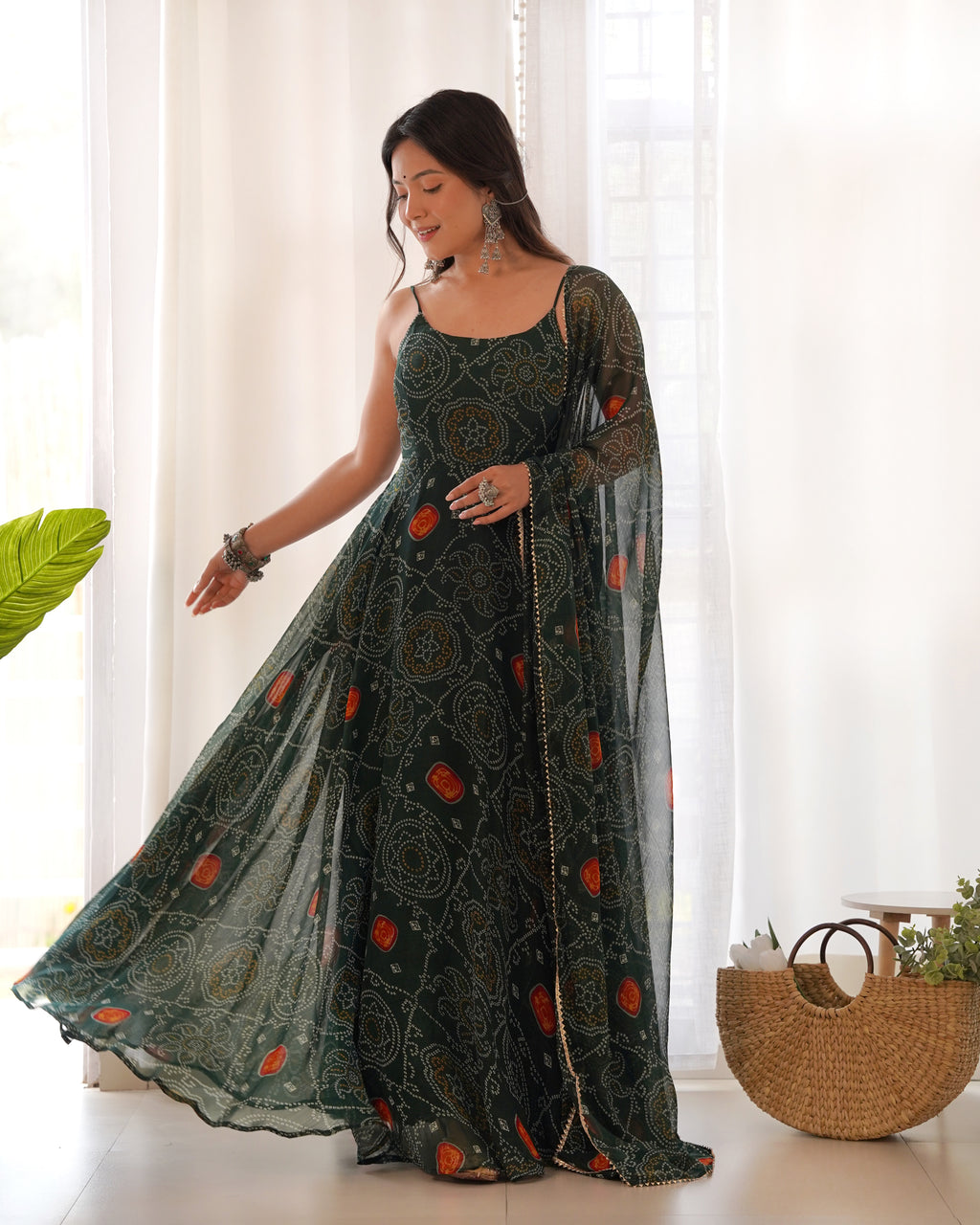 Lightweight Chiffon Bandhej 8M Flair Gown with Backless Dori Detail & Lace Dupatta