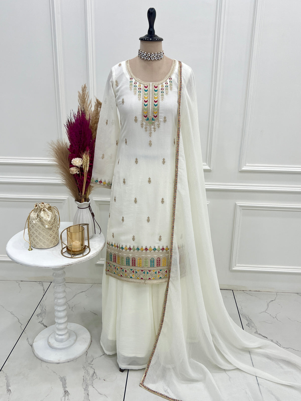 Premium Crunchy Silk Embroidered Sharara Set with Multicolor Lace Dupatta