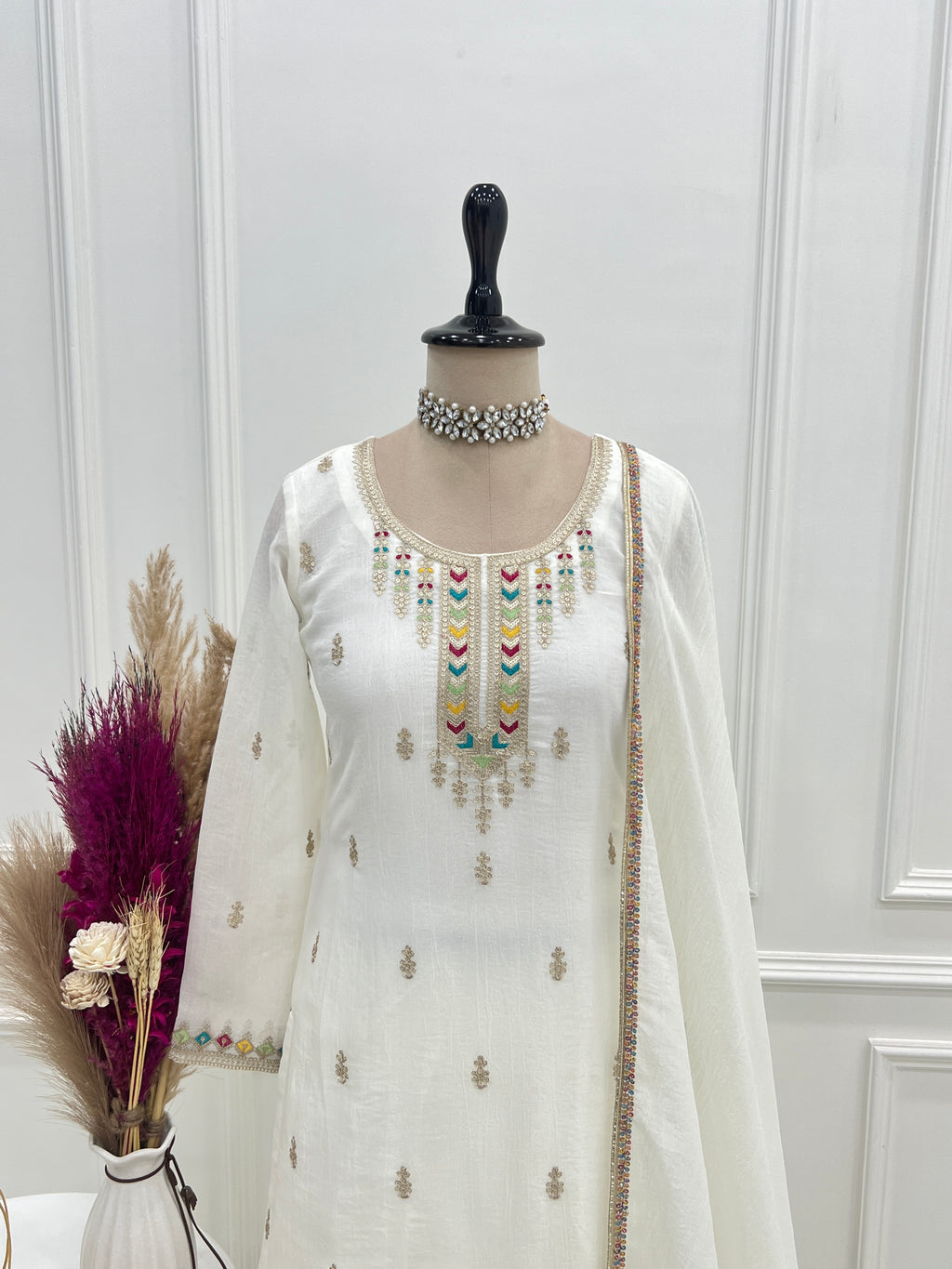 Premium Crunchy Silk Embroidered Sharara Set with Multicolor Lace Dupatta