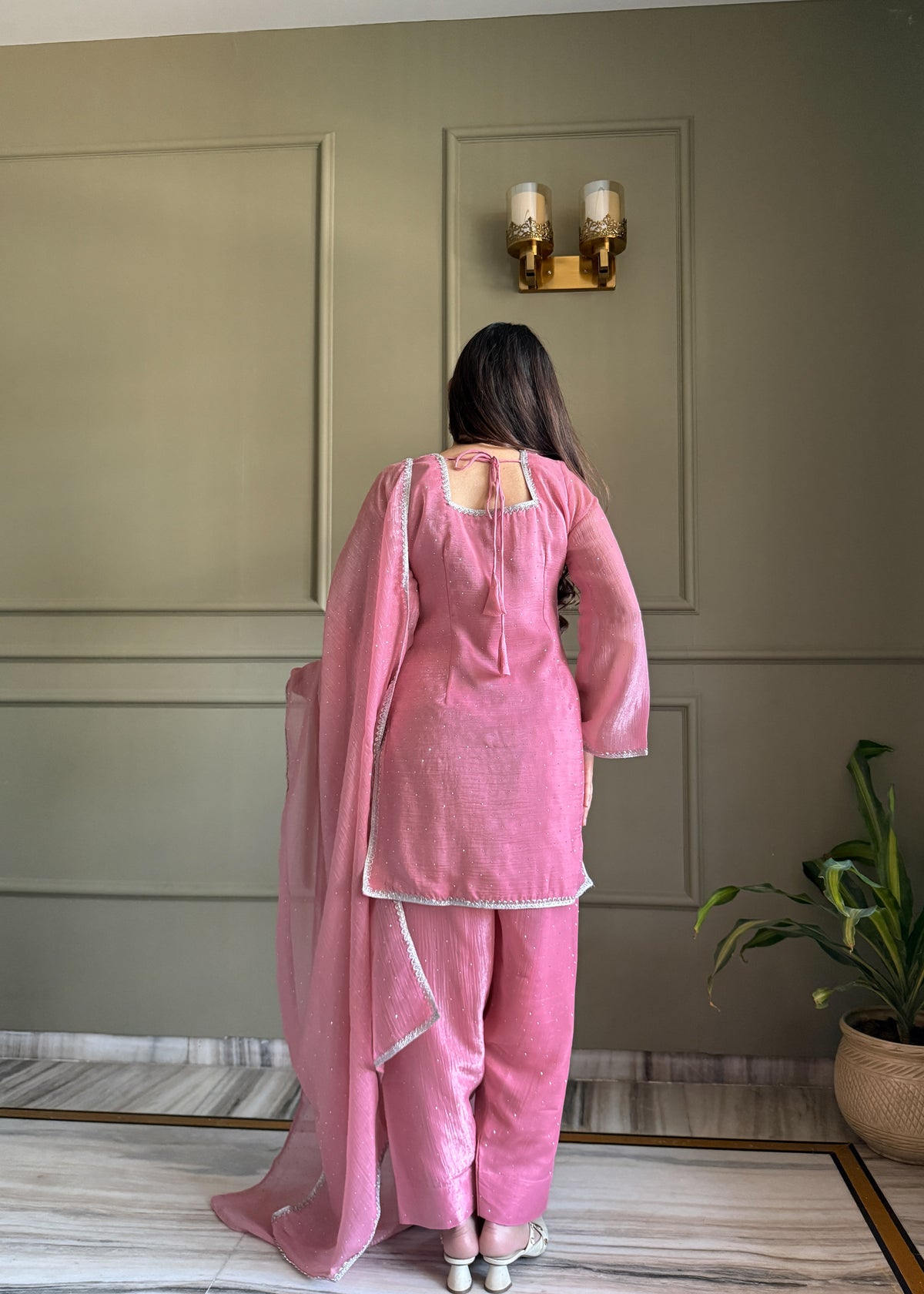 Crunchy Silk Siroki Diamond Work Farshi Salwar Suit with Lace Dupatta