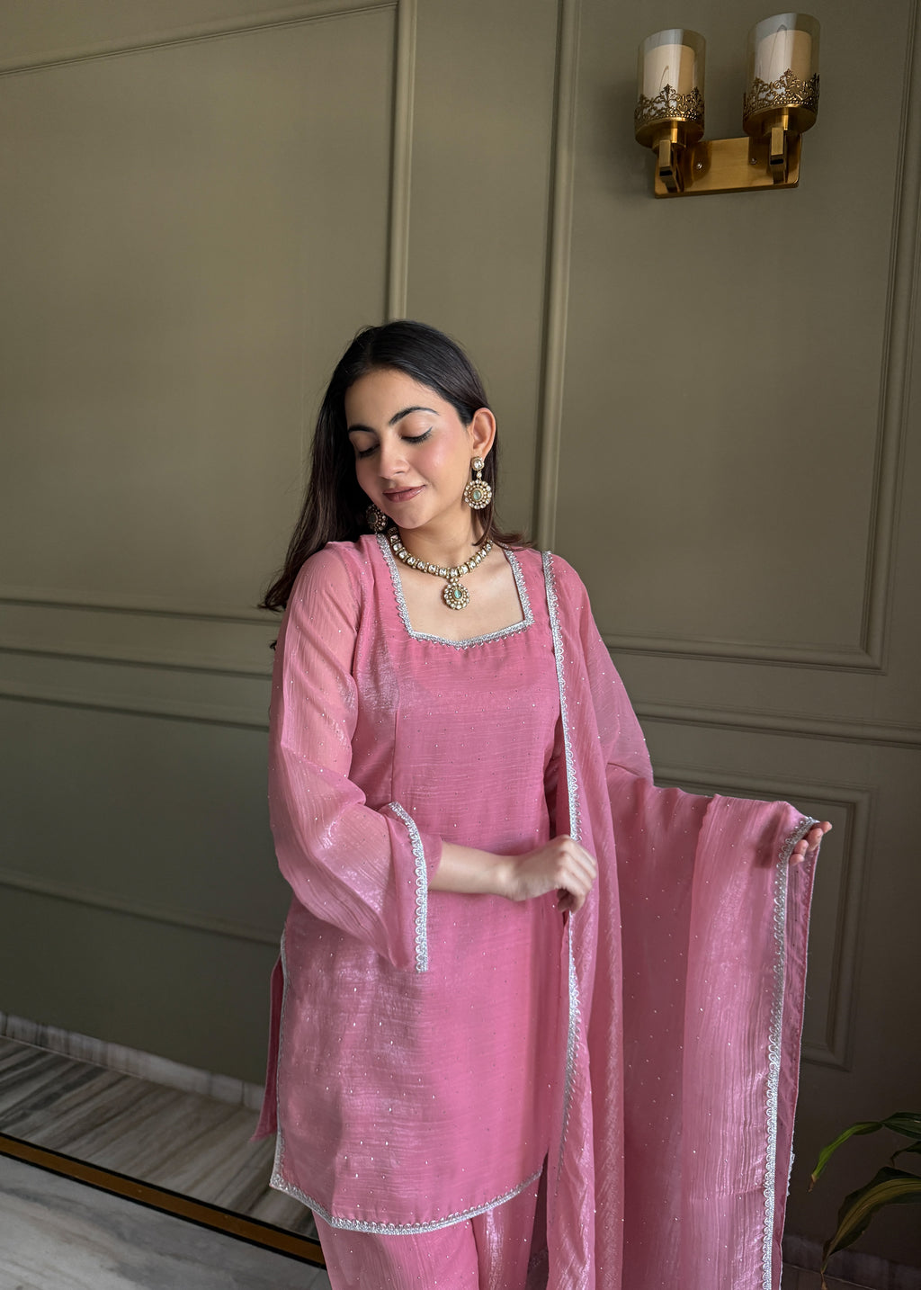 Crunchy Silk Siroki Diamond Work Farshi Salwar Suit with Lace Dupatta