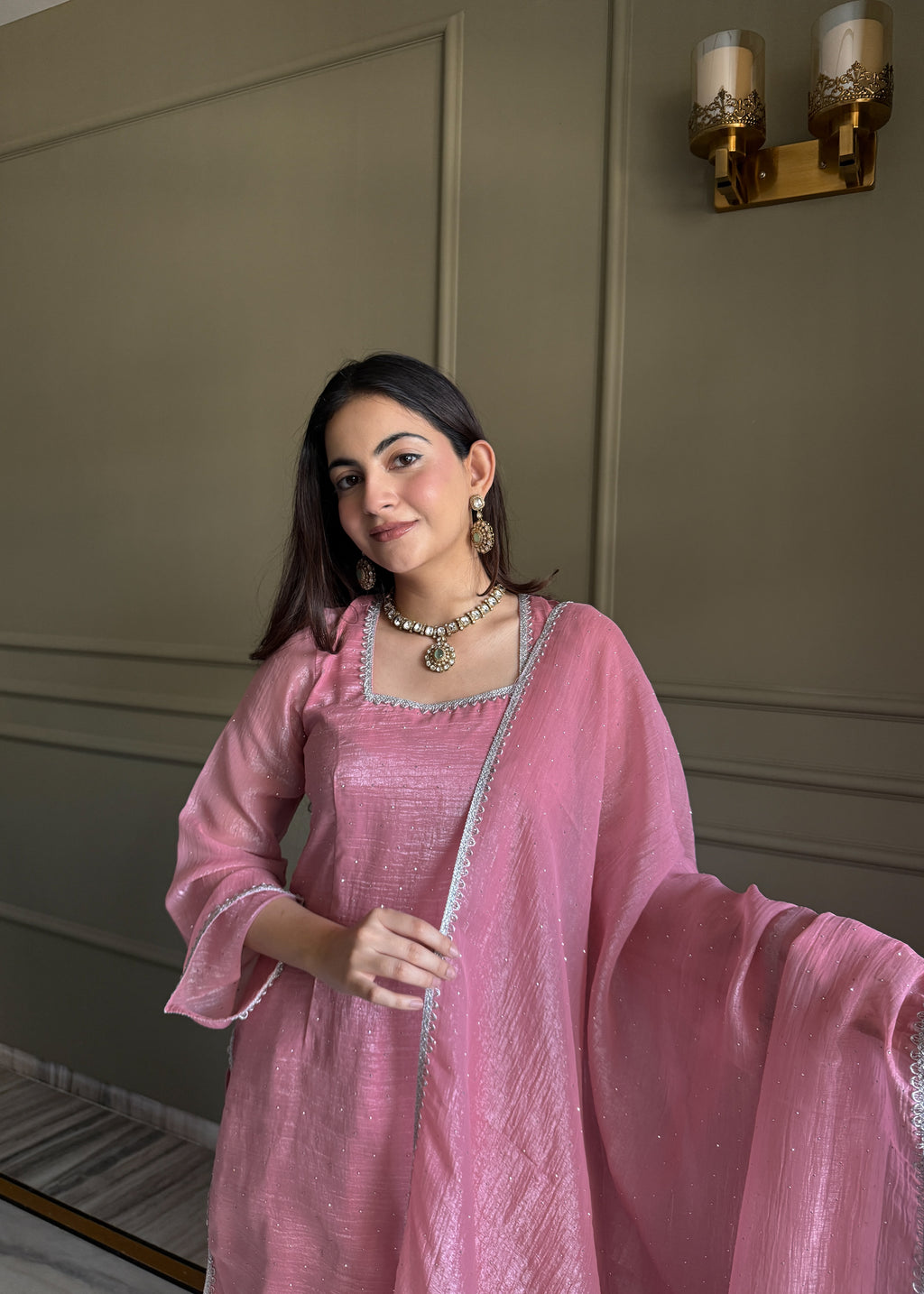 Crunchy Silk Siroki Diamond Work Farshi Salwar Suit with Lace Dupatta