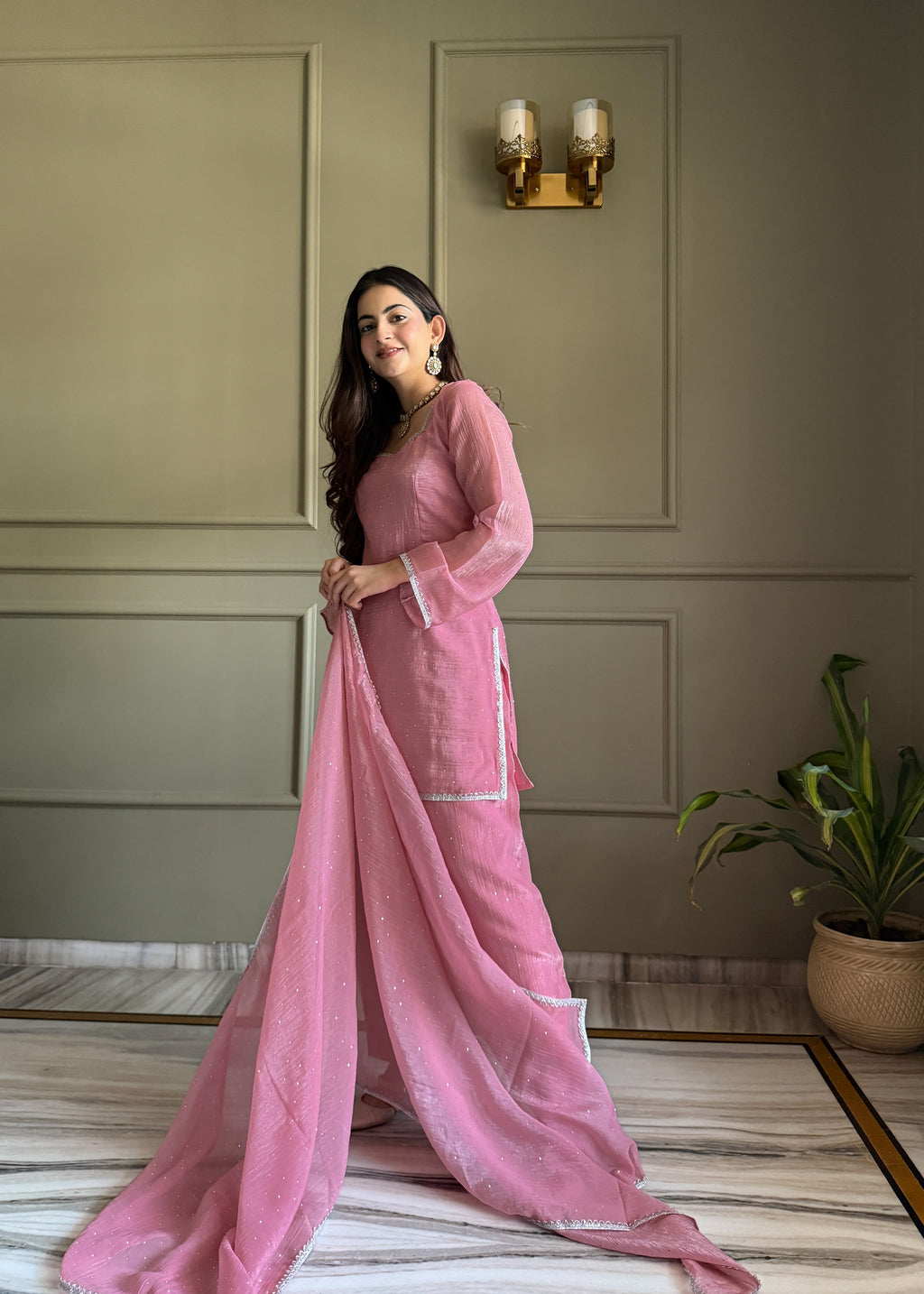 Crunchy Silk Siroki Diamond Work Farshi Salwar Suit with Lace Dupatta