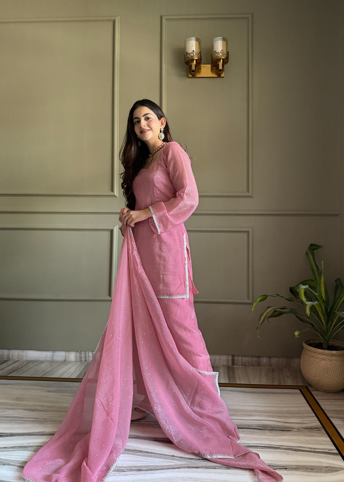 Crunchy Silk Siroki Diamond Work Farshi Salwar Suit with Lace Dupatta
