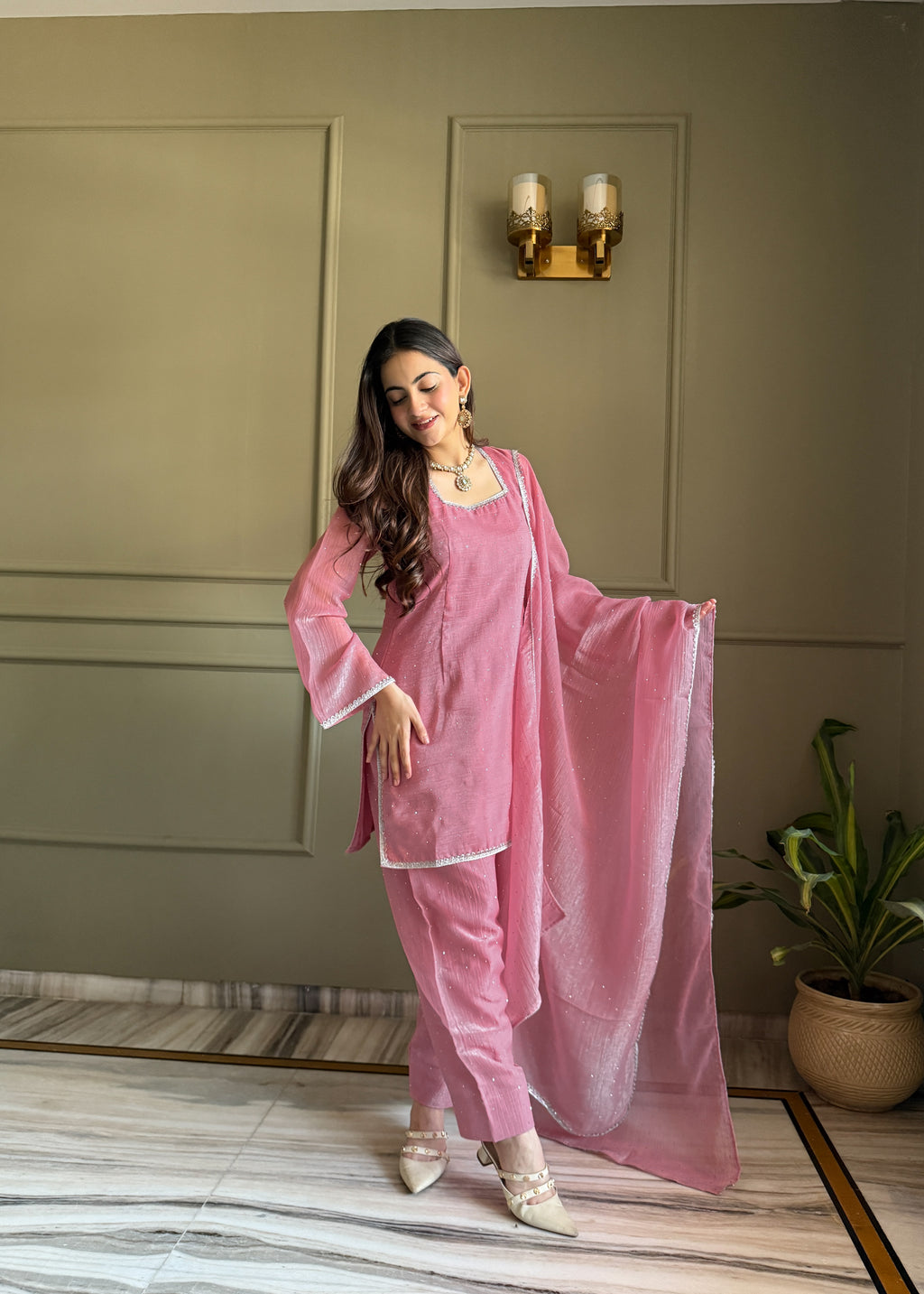 Crunchy Silk Siroki Diamond Work Farshi Salwar Suit with Lace Dupatta