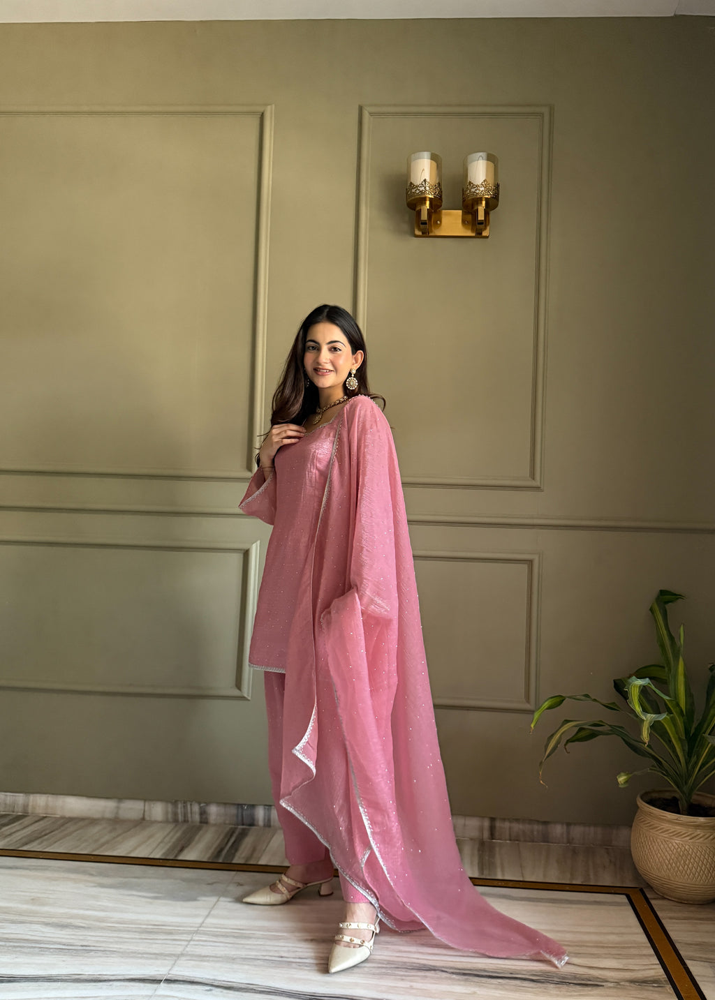 Crunchy Silk Siroki Diamond Work Farshi Salwar Suit with Lace Dupatta