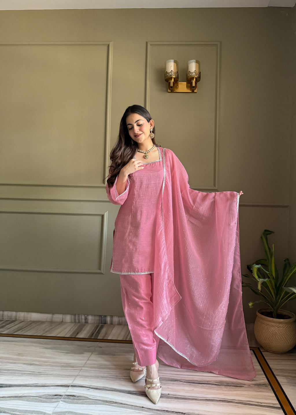 Crunchy Silk Siroki Diamond Work Farshi Salwar Suit with Lace Dupatta
