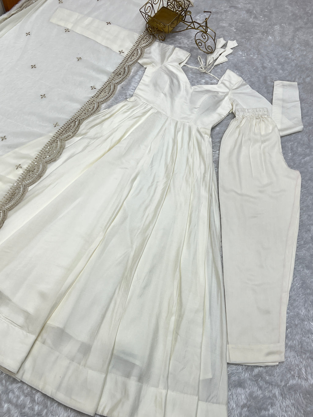 Romansilk Chanderi 16-Kali Anarkali Gown with Sequin Cutwork Dupatta & Stitched Pant
