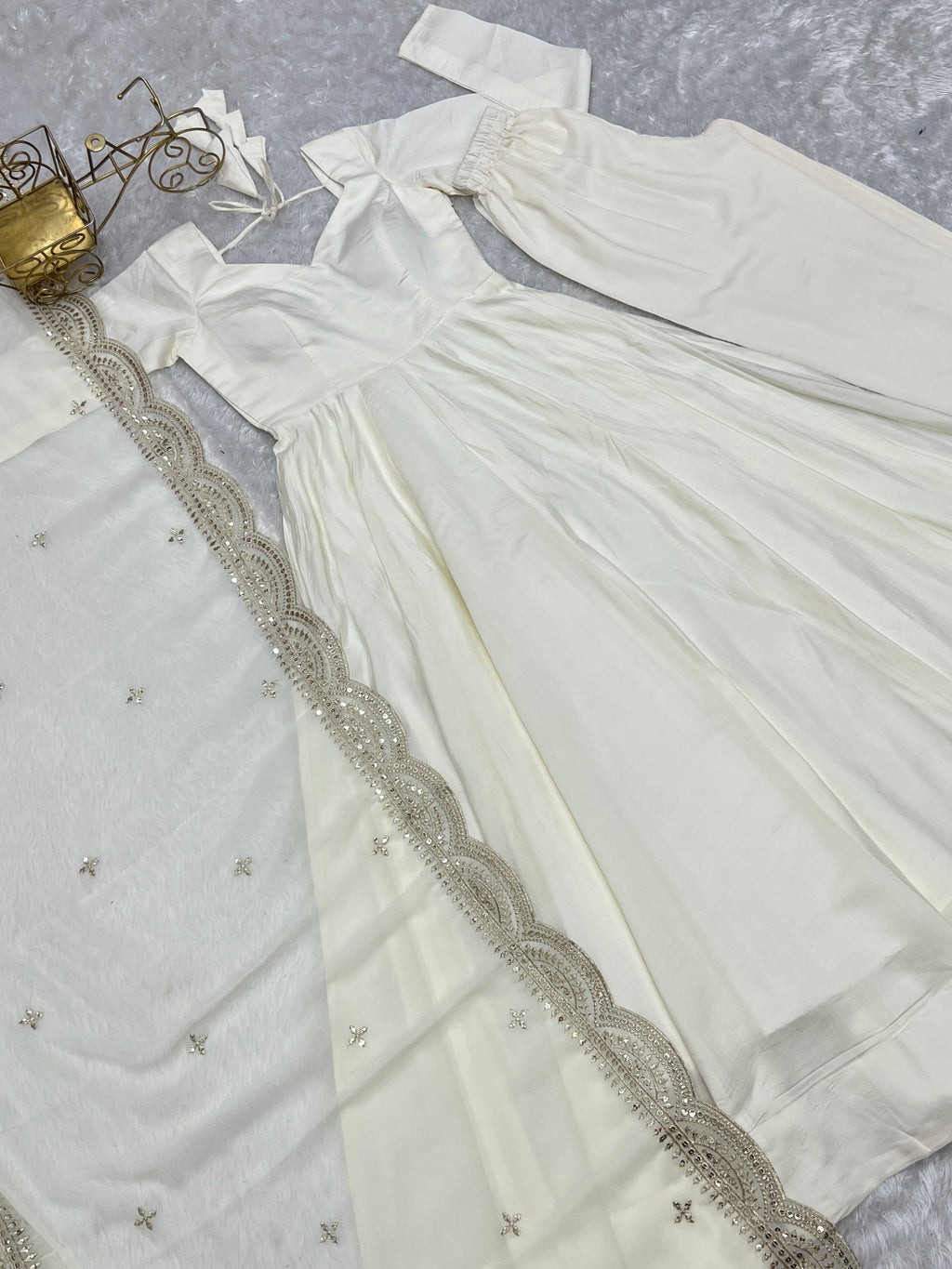 Romansilk Chanderi 16-Kali Anarkali Gown with Sequin Cutwork Dupatta & Stitched Pant