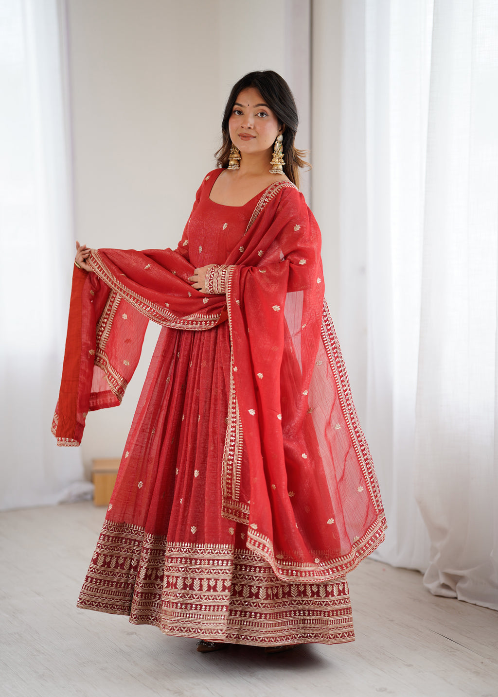 Premium Crunchy Silk Anarkali Gown with Jari & Sequin Embroidery and Beaded Dupatta