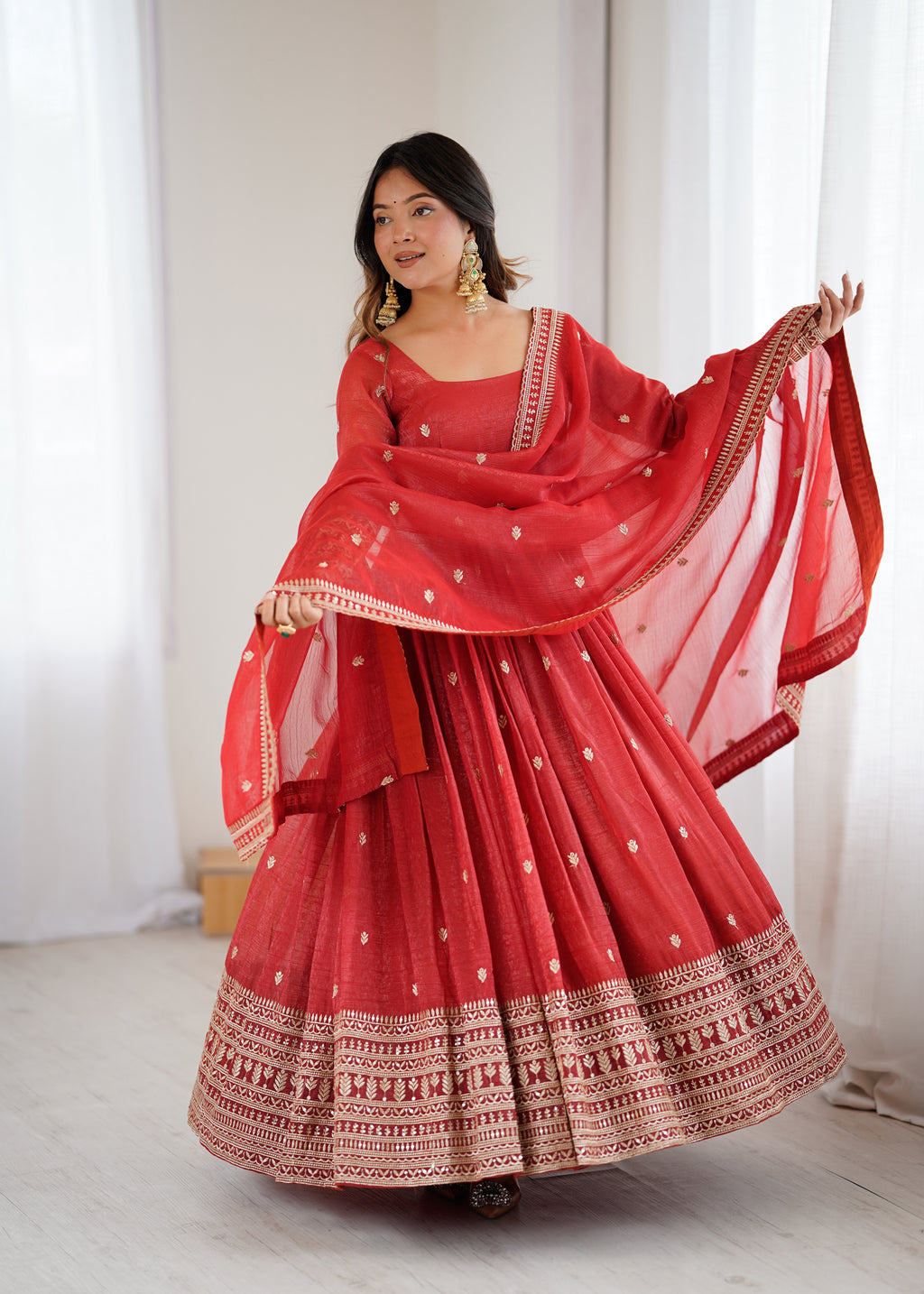Premium Crunchy Silk Anarkali Gown with Jari & Sequin Embroidery and Beaded Dupatta
