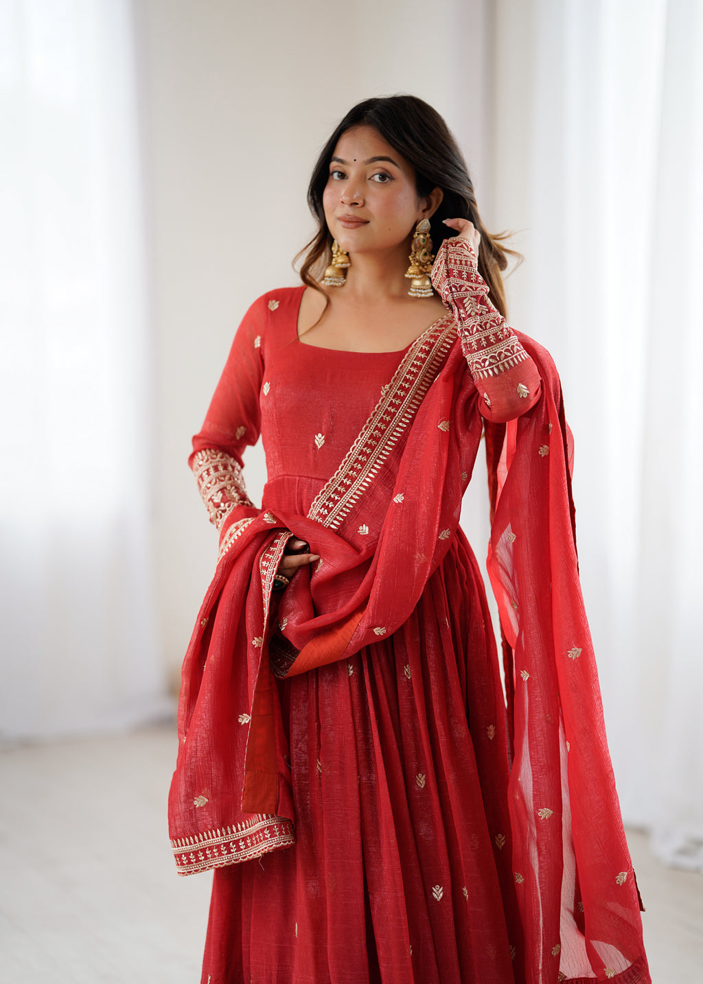 Premium Crunchy Silk Anarkali Gown with Jari & Sequin Embroidery and Beaded Dupatta