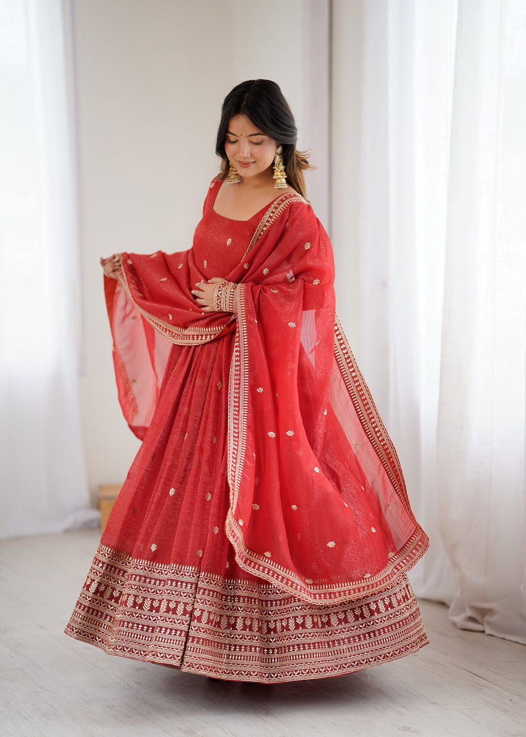Premium Crunchy Silk Anarkali Gown with Jari & Sequin Embroidery and Beaded Dupatta