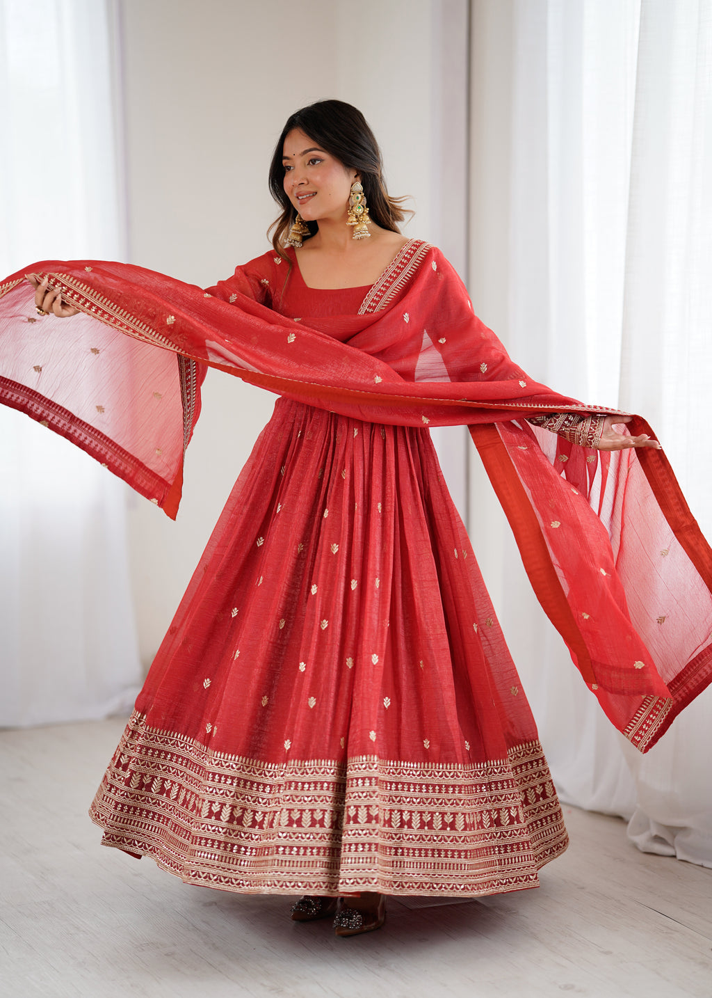 Premium Crunchy Silk Anarkali Gown with Jari & Sequin Embroidery and Beaded Dupatta