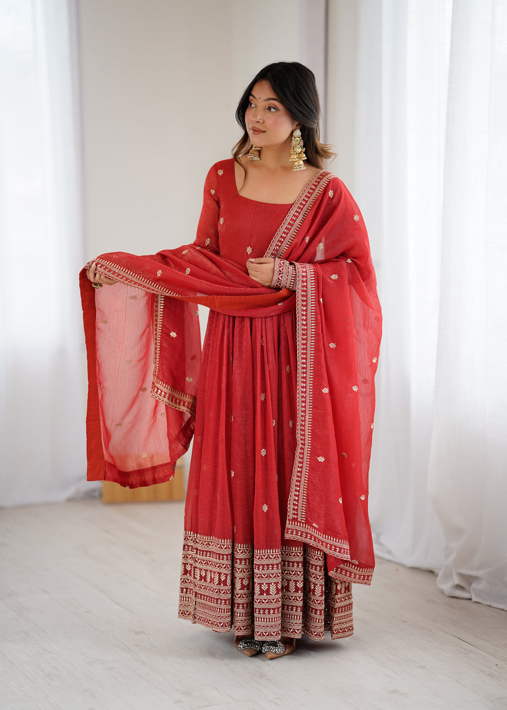 Premium Crunchy Silk Anarkali Gown with Jari & Sequin Embroidery and Beaded Dupatta