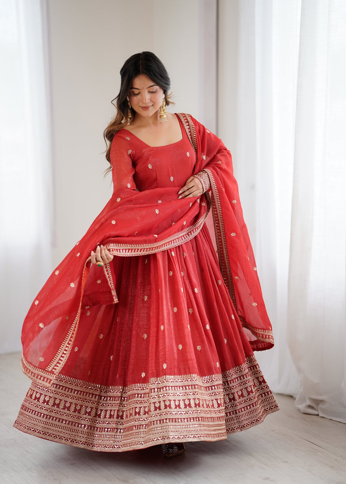 Premium Crunchy Silk Anarkali Gown with Jari & Sequin Embroidery and Beaded Dupatta
