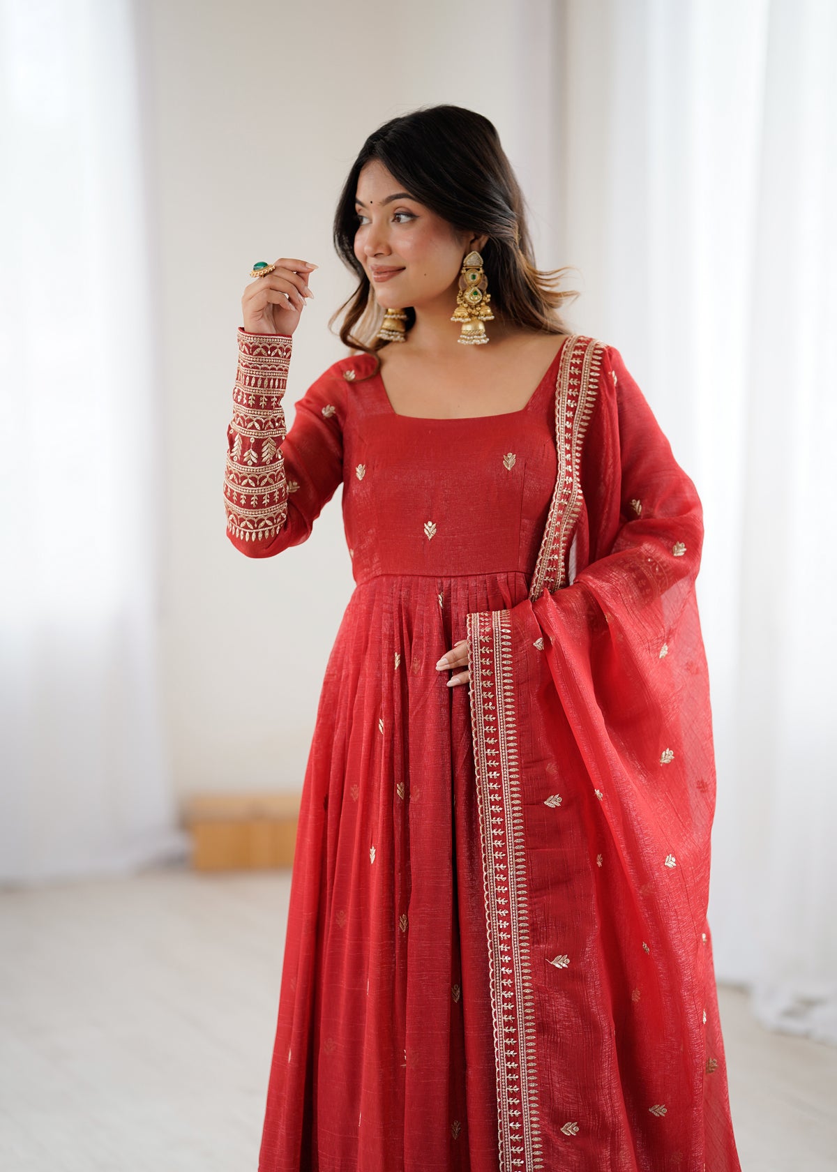 Premium Crunchy Silk Anarkali Gown with Jari & Sequin Embroidery and Beaded Dupatta