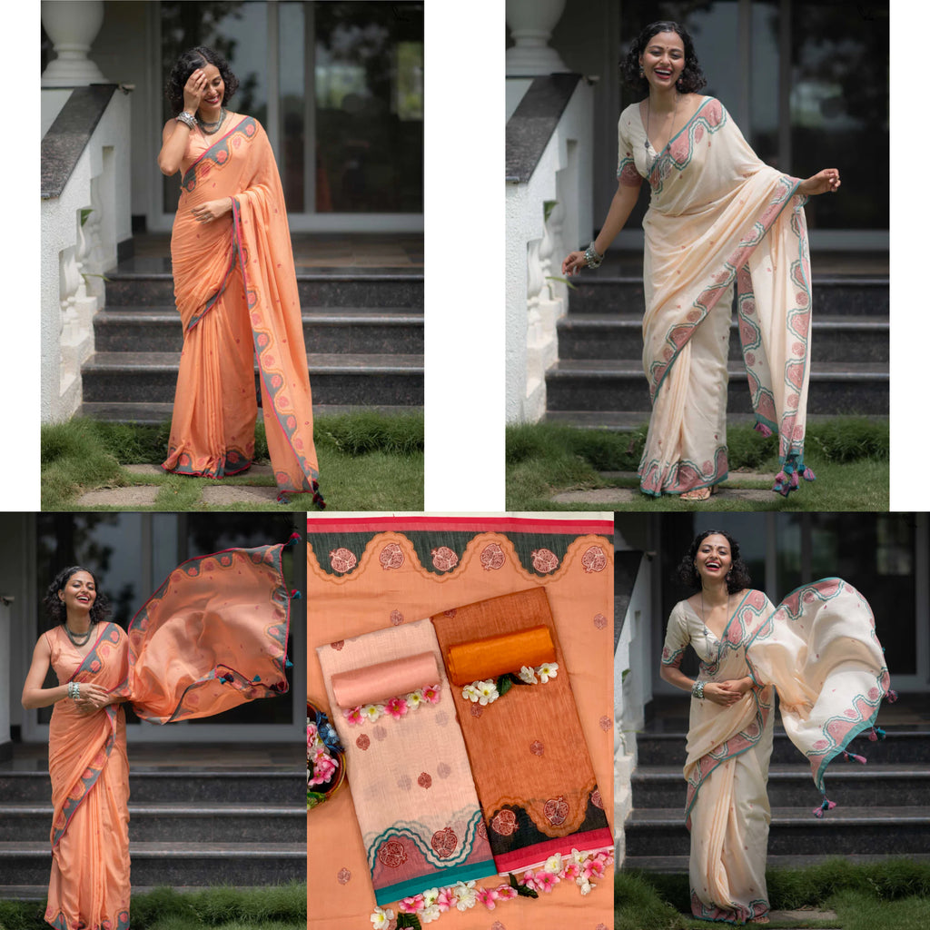 Elegant Bloom Premium Linen Cotton Digital Printed Saree with Matching Blouse