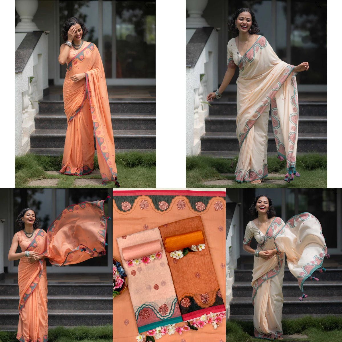 Elegant Bloom Premium Linen Cotton Digital Printed Saree with Matching Blouse