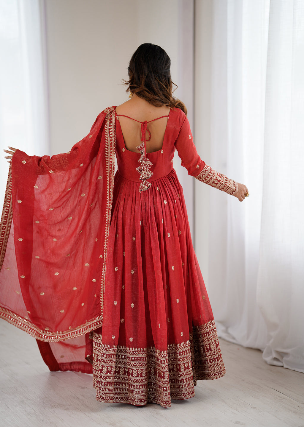 Premium Crunchy Silk Anarkali Gown with Jari & Sequin Embroidery and Beaded Dupatta