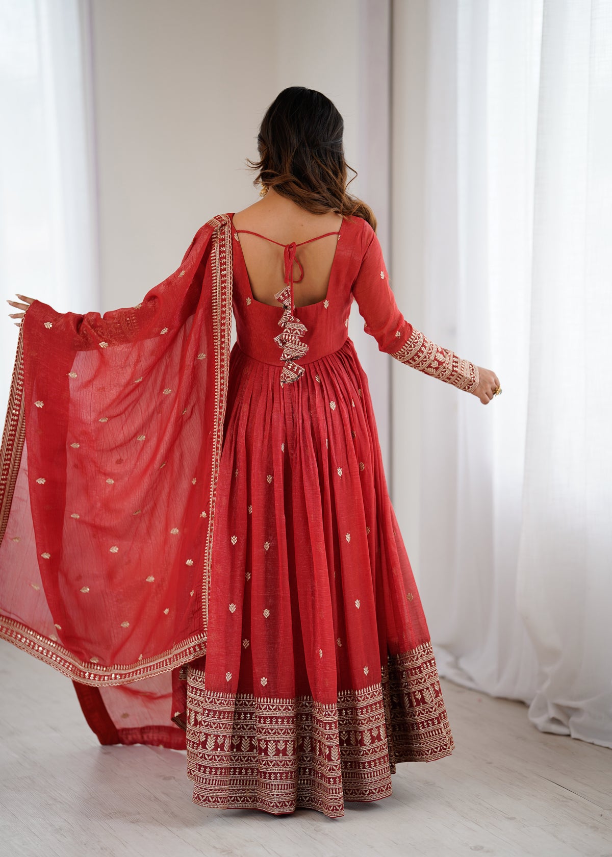 Premium Crunchy Silk Anarkali Gown with Jari & Sequin Embroidery and Beaded Dupatta
