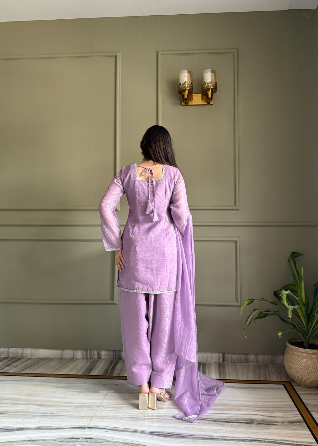 Crunchy Silk Siroki Diamond Work Farshi Salwar Suit with Lace Dupatta