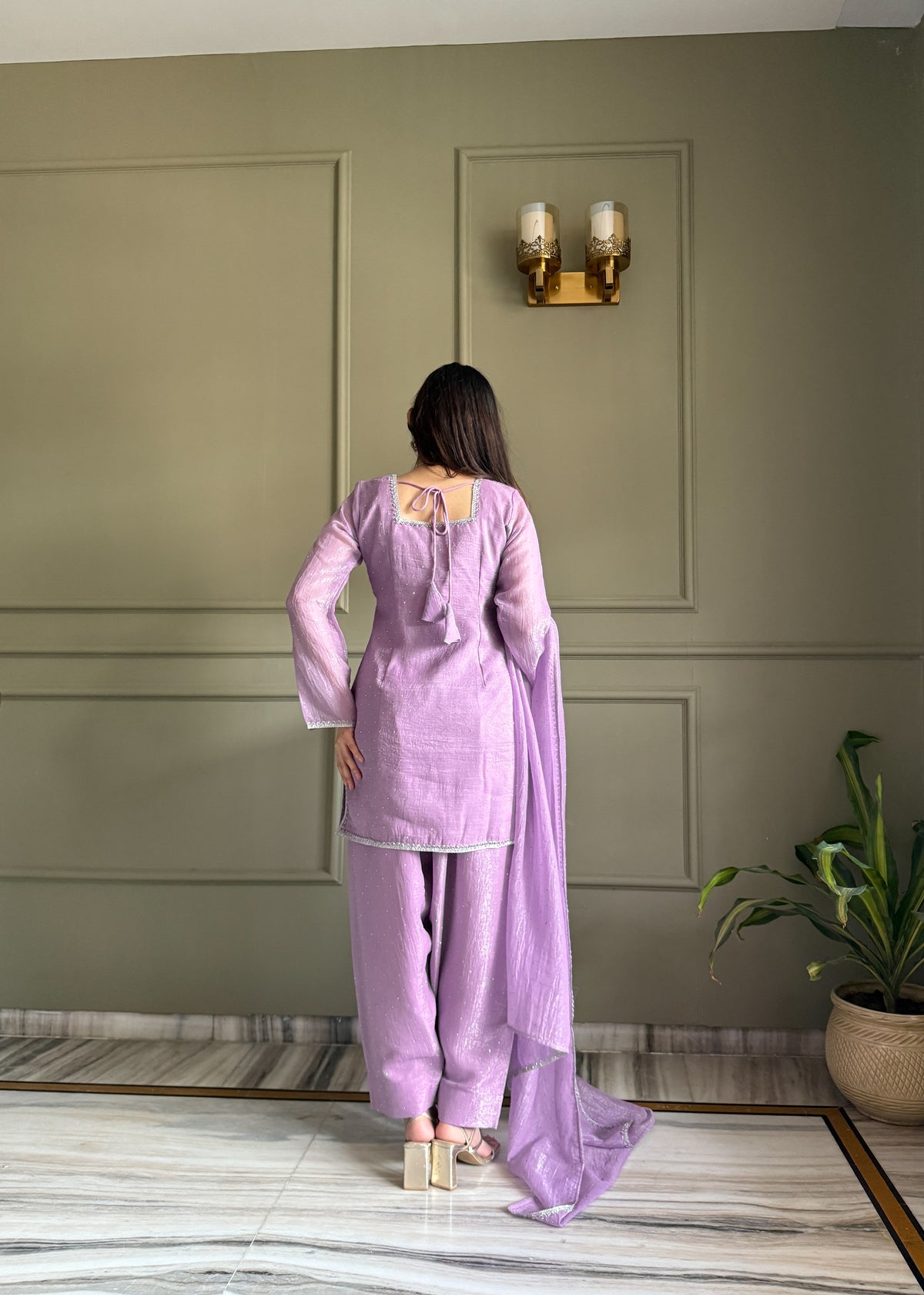 Crunchy Silk Siroki Diamond Work Farshi Salwar Suit with Lace Dupatta
