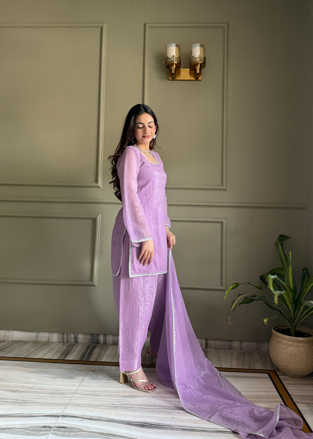 Crunchy Silk Siroki Diamond Work Farshi Salwar Suit with Lace Dupatta