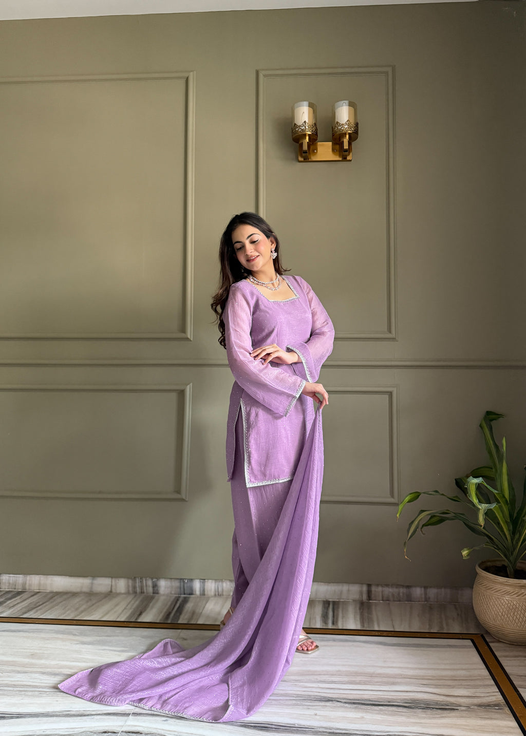 Crunchy Silk Siroki Diamond Work Farshi Salwar Suit with Lace Dupatta
