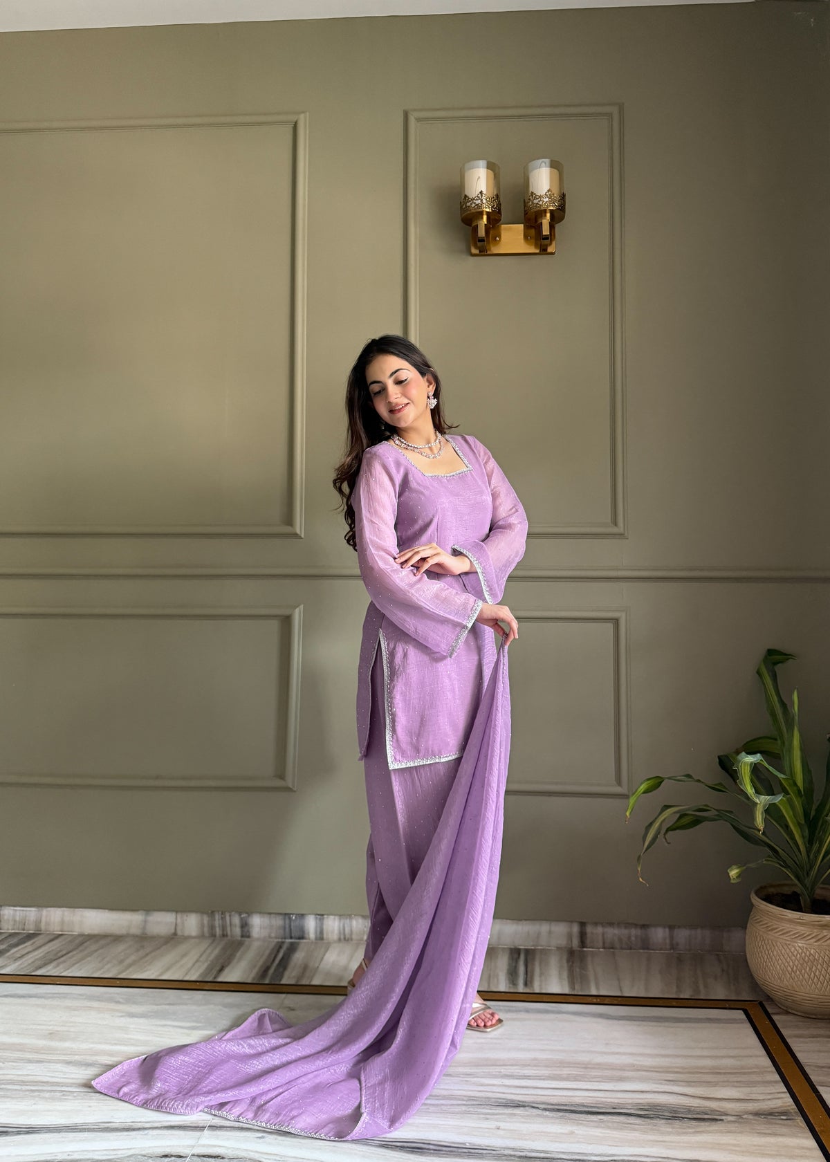 Crunchy Silk Siroki Diamond Work Farshi Salwar Suit with Lace Dupatta