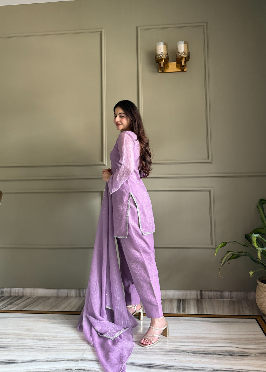 Crunchy Silk Siroki Diamond Work Farshi Salwar Suit with Lace Dupatta