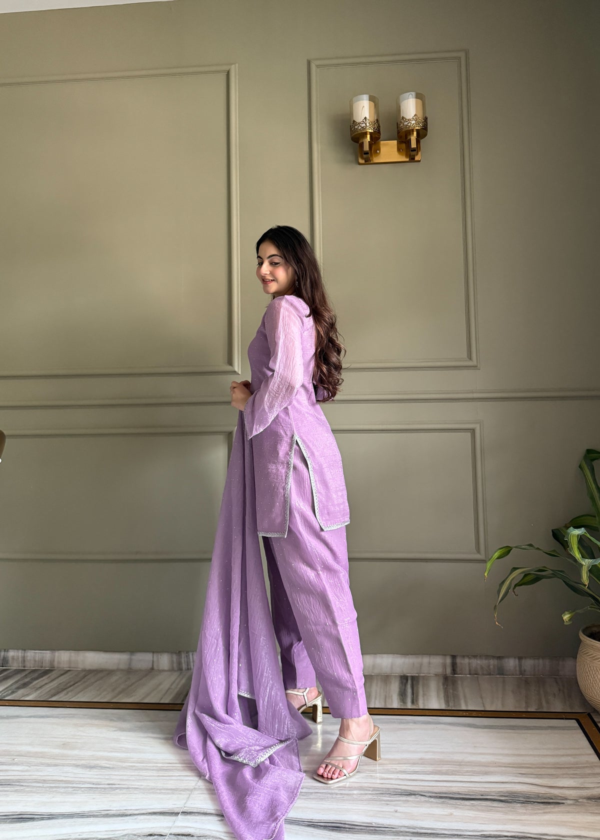 Crunchy Silk Siroki Diamond Work Farshi Salwar Suit with Lace Dupatta