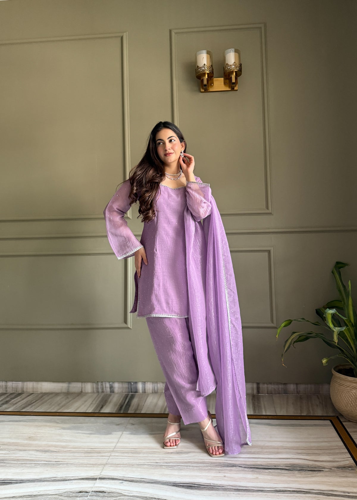 Crunchy Silk Siroki Diamond Work Farshi Salwar Suit with Lace Dupatta