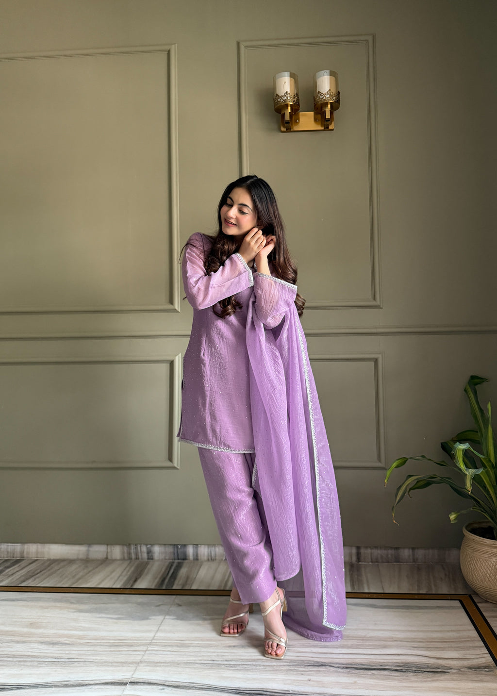 Crunchy Silk Siroki Diamond Work Farshi Salwar Suit with Lace Dupatta