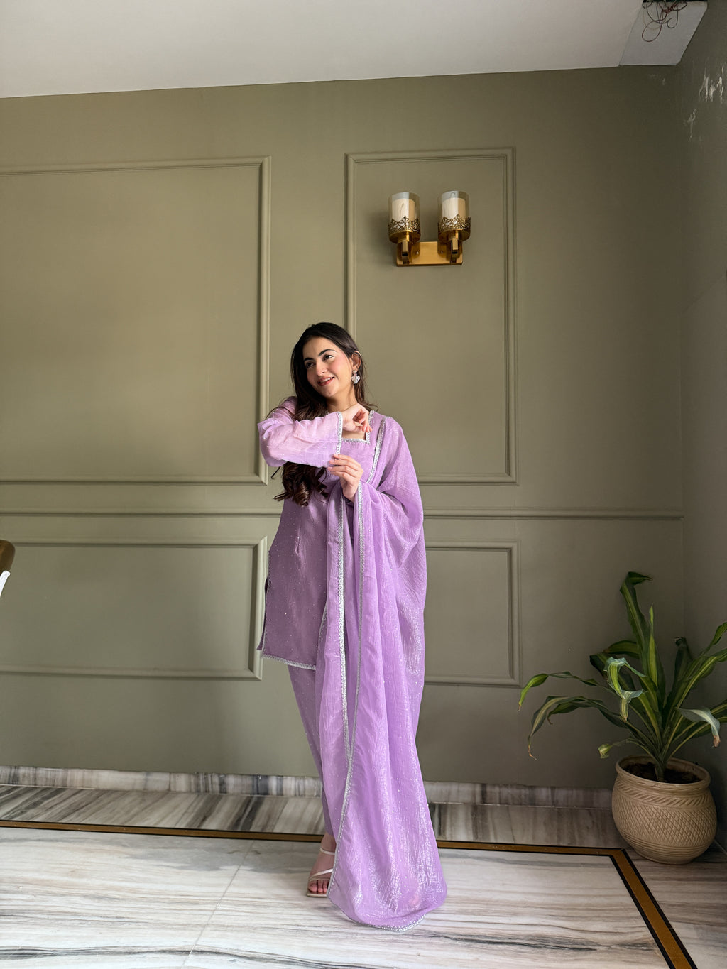 Crunchy Silk Siroki Diamond Work Farshi Salwar Suit with Lace Dupatta
