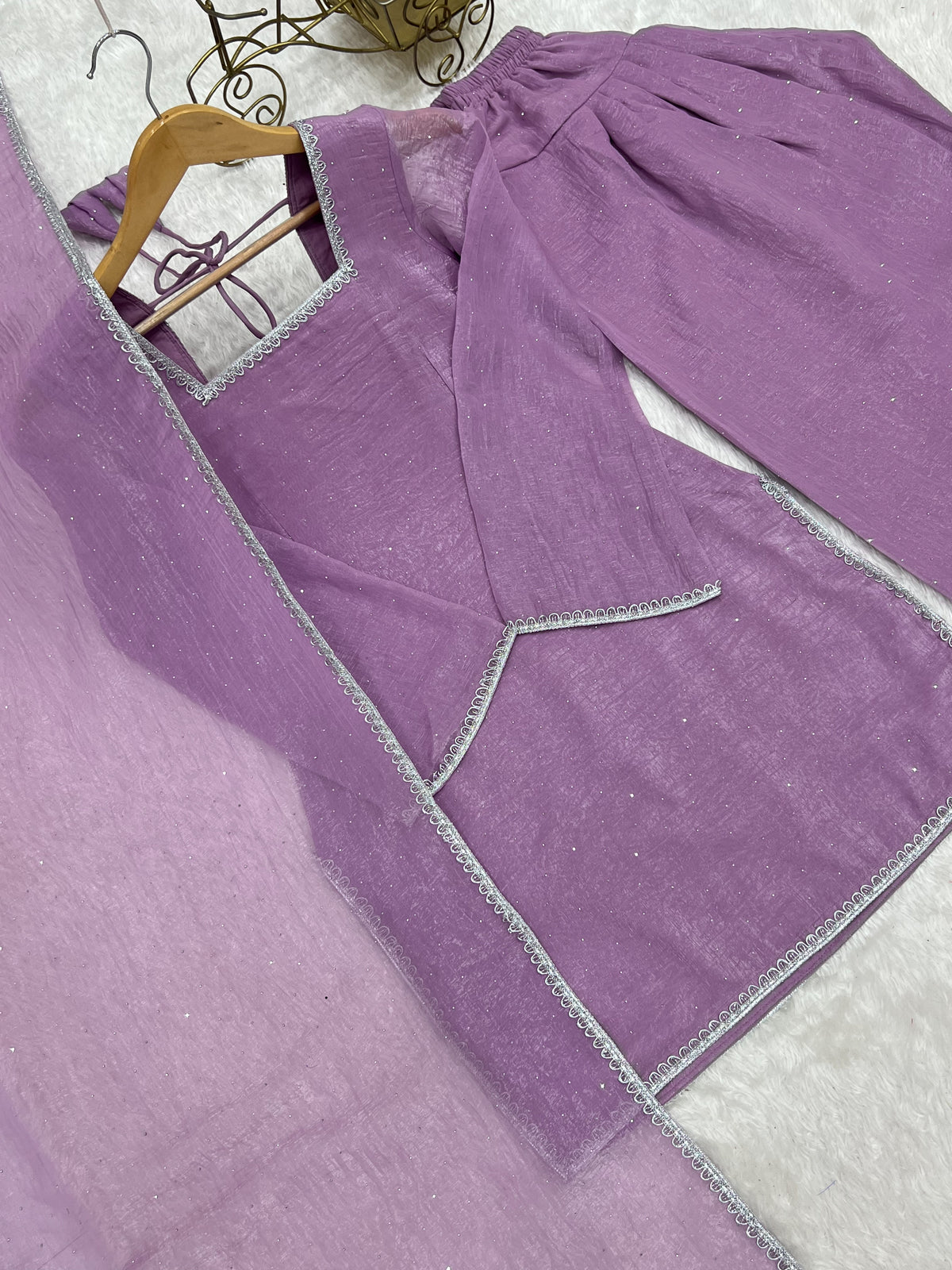 Crunchy Silk Siroki Diamond Work Farshi Salwar Suit with Lace Dupatta