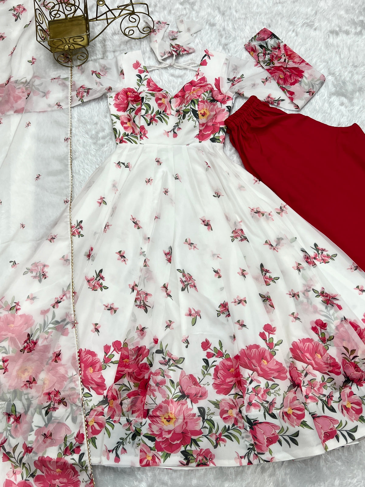 Organza Silk Printed Kali Anarkali Set with 4M Flair & Gota Patti Dupatta
